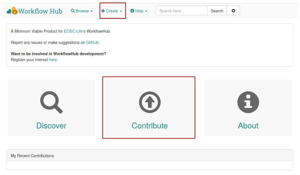 In WorkflowHub, click Create, Workflow or alternatively Contribute
