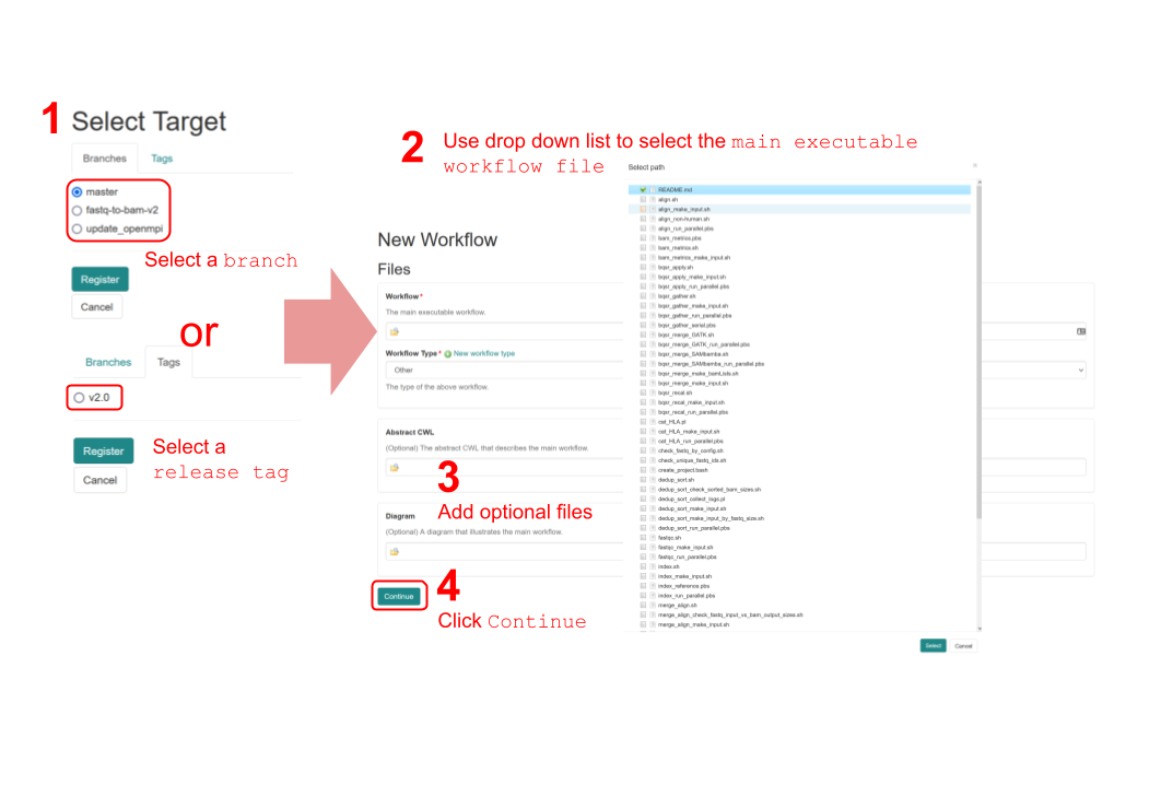 First select branch or a release tag, then use drop down list to select the main executable workflow file. Add any optional files before clicking Continue