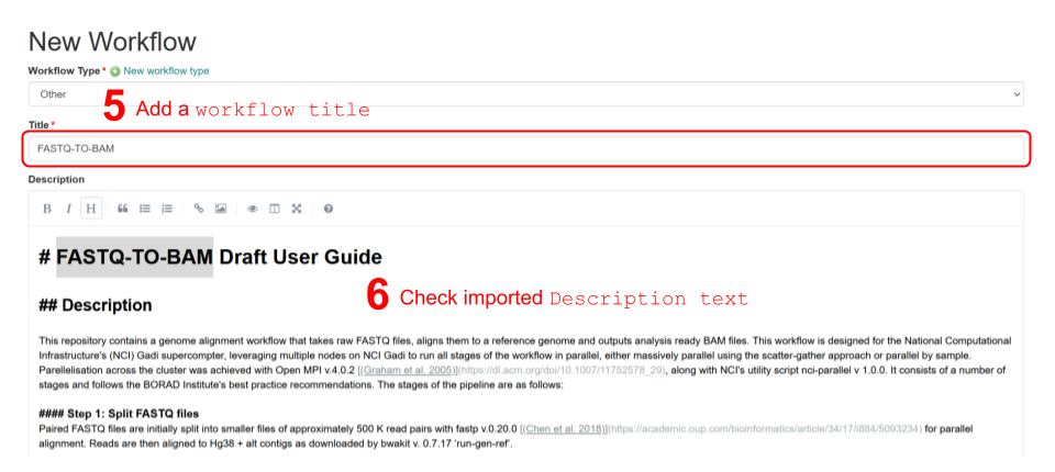 Add a workflow title, then revise the imported Description text