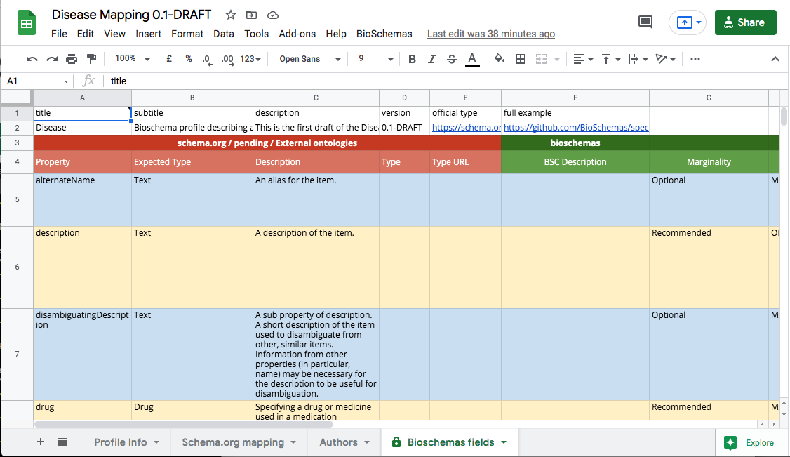 Reviewing the Disease profile properties in the Bioschemas fields tab