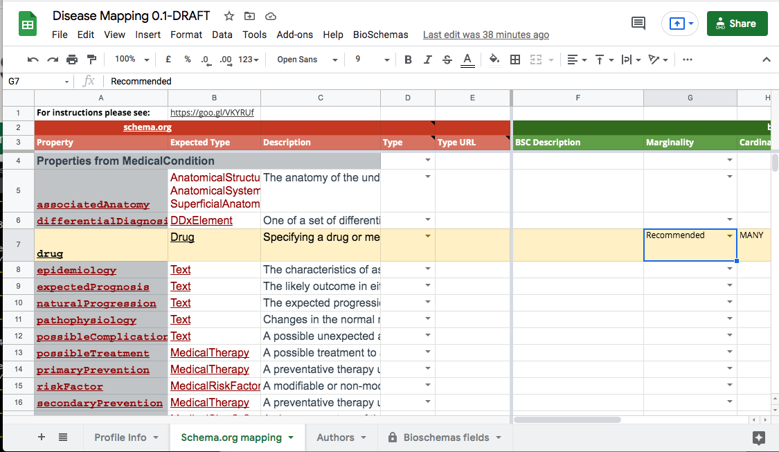 Editing the Disease profile properties in the Schema.org mapping tab